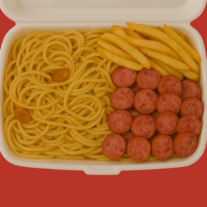 Macarrão c/ Linguiça + Salada grátis